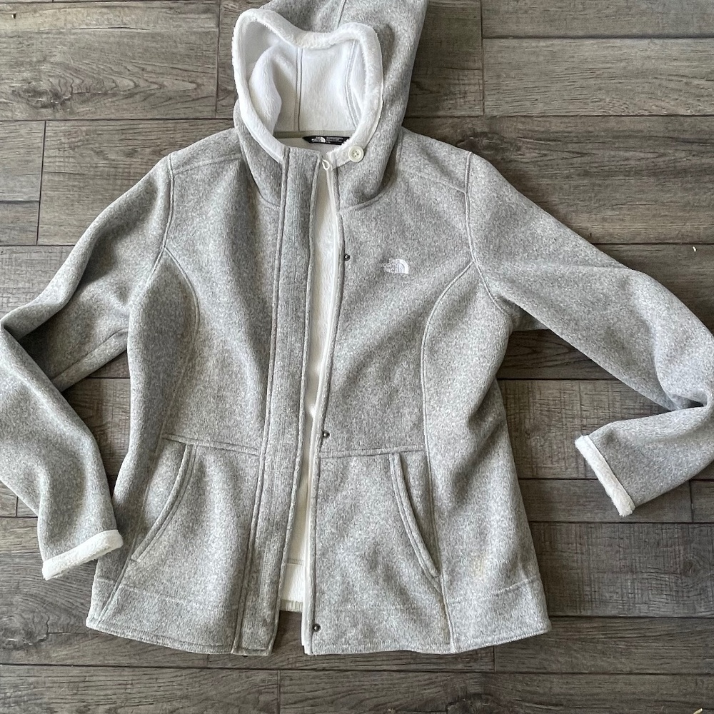 THE NORTH FACE GRAY LINED FULL ZIP/SNAP HOODED JACKET W/POCKETS COZY SOFT LARGE